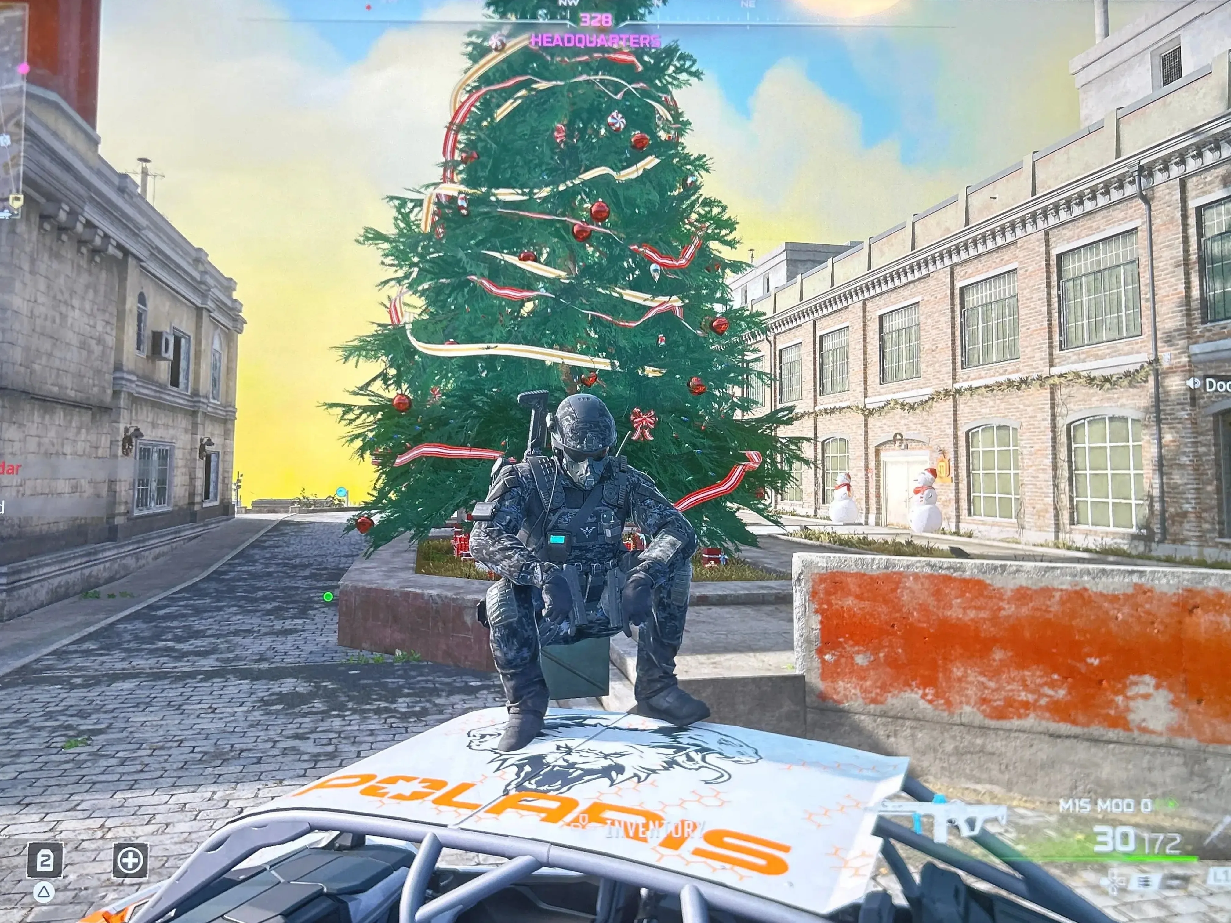 Player screenshot: Polaris RZR at Christmas tree village