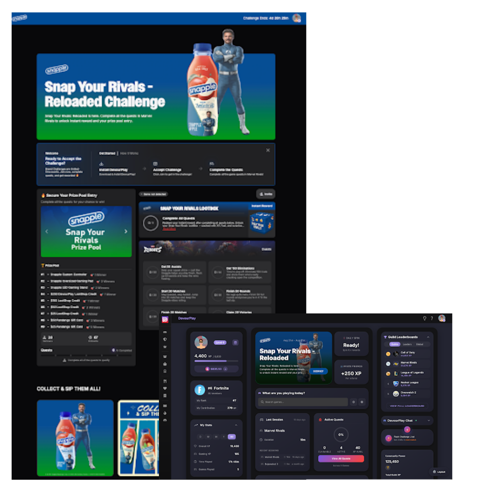DevourPlay Snap Your Rivals challenge page showing quests, LootBox rewards, and prize pool